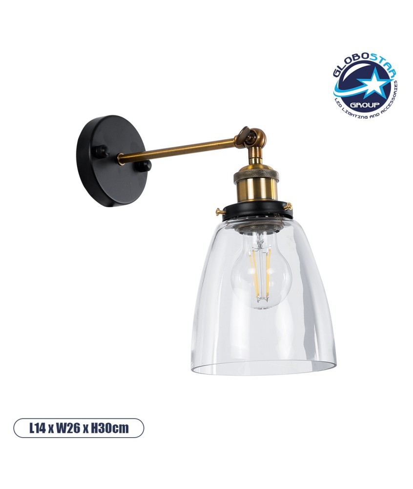 GLOBOSTAR® LYDIA 01071 Vintage Φωτιστικό Τοίχου - Απλίκα με Ντουί 1 x E27 AC 220-240V IP20 - Μαύρο & Χρυσό - Μ14 x Π26 x Υ30cm